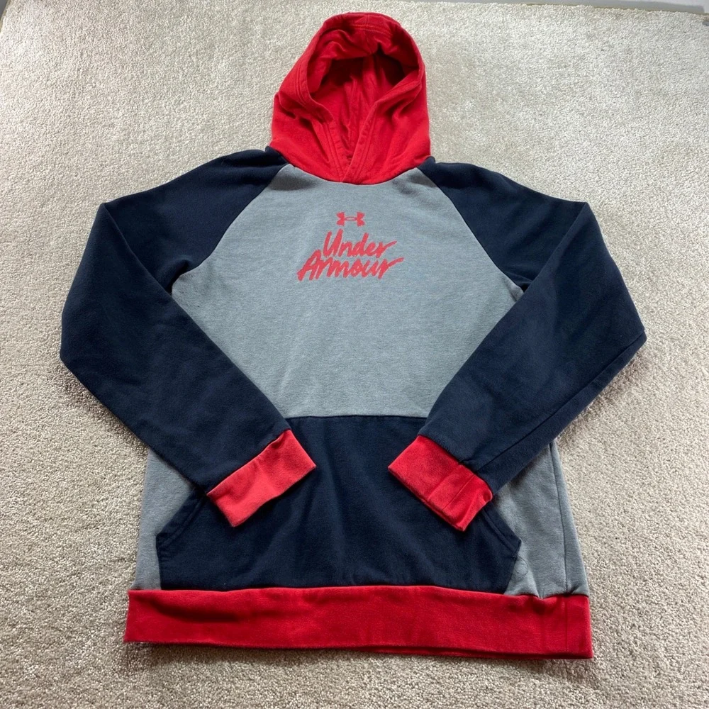 Under Armour Hoodie Youth‎ Boys XL Grey Navy Red Colorblock Logo Pullover